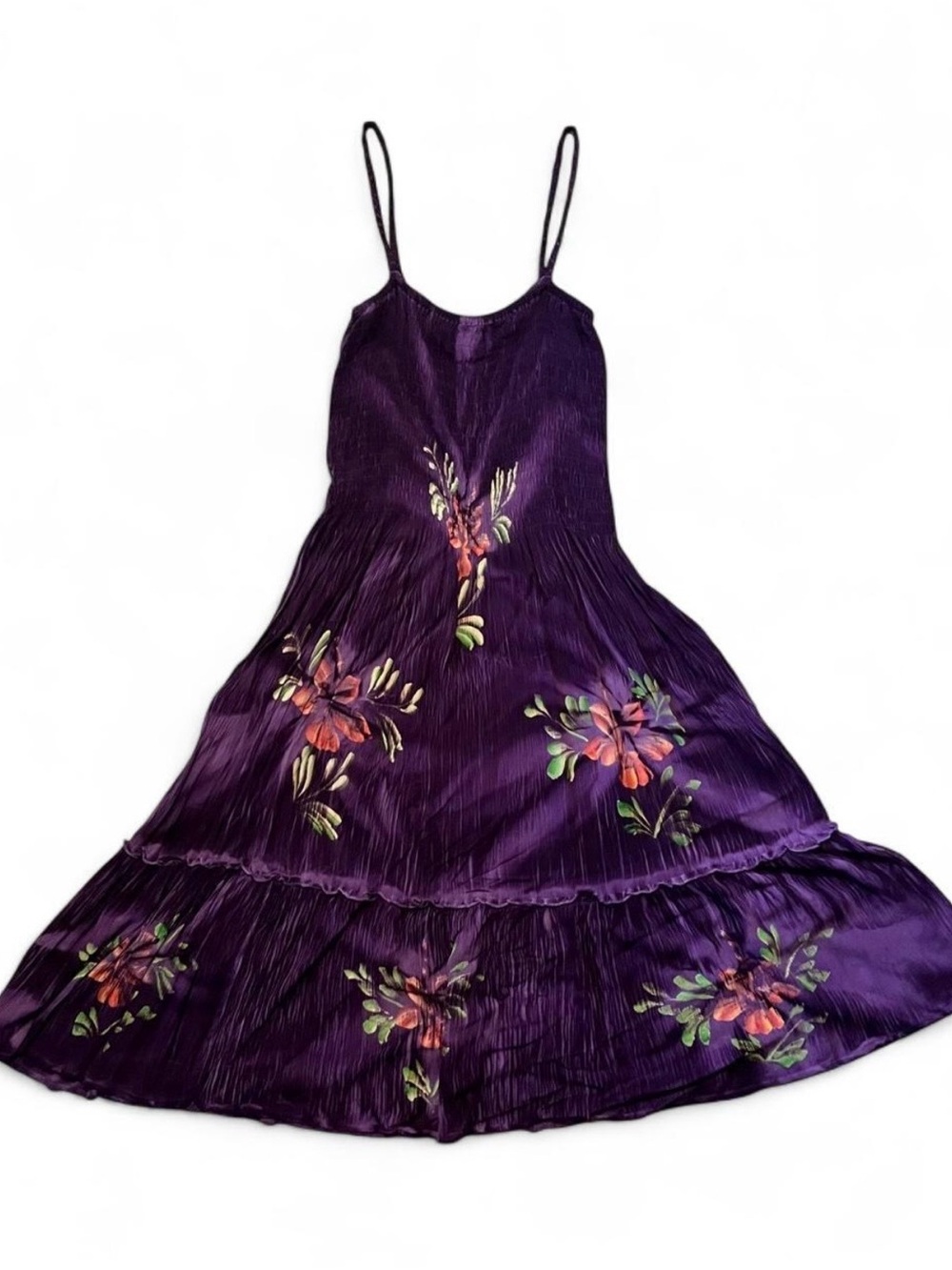 Vintage Tropical Batik Purple Floral Dress W/ Braided Straps